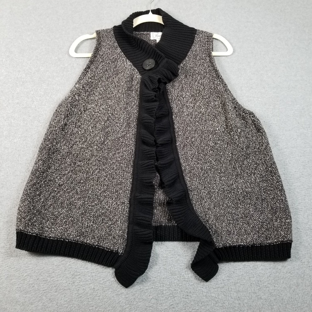 Foxcroft Sweater Vest Women's PL Petite Large Ruffle Trim One Button Black Gray
